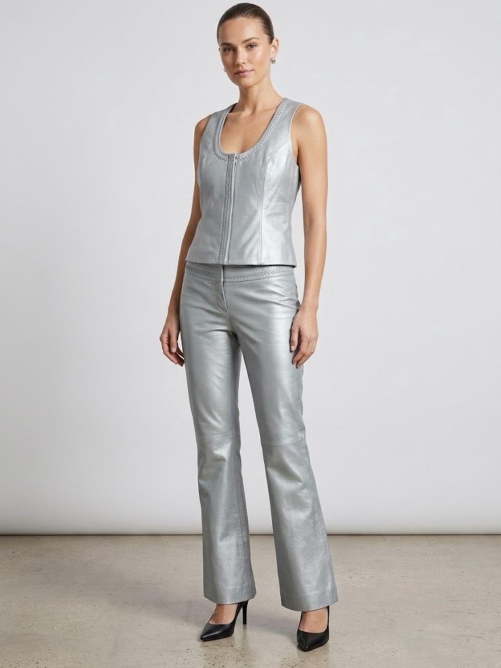 Cache Women Vintage Y2K Metallic Silver Leather Vest Pants Matching Set Suit 8